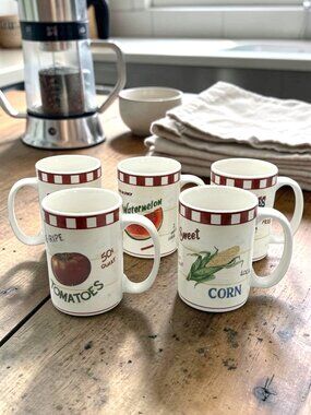 HomeTrends Farm Fresh Stoneware Coffee Mugs Set of 5 Fruit Vegetable Cups